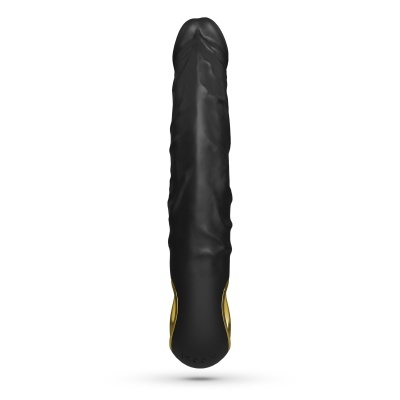 Vibrador preto com detalhes dourados em fundo branco