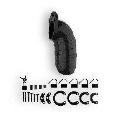 Acessórios para cadeado, peça curvada preta com sulcos e diversos pequenos acessórios metálicos.