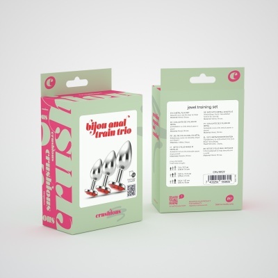 Conjunto de treino anal com três plugues metálicos prateados em caixa verde claro com texto em inglês e francês