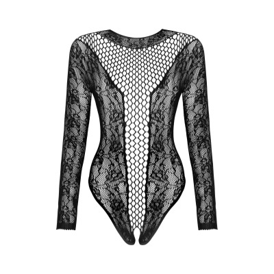 Body feminino em renda preta com padrões florais e rede frontal
