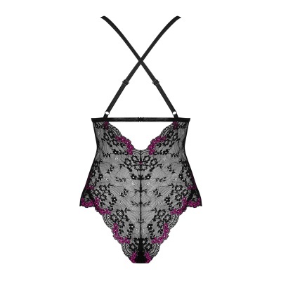 Fato de corpo feminino em renda preta com detalhes em roxo e alças ajustáveis