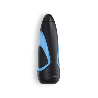 Frasco dispensador preto e azul, formato ergonómico