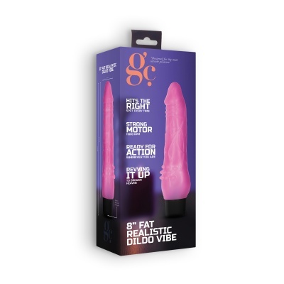 Embalagem de vibrador realista cor-de-rosa com texto em inglês em fundo azul e preto