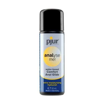 Frasco do pjur analyse me! Comfort Anal Glide azul e amarelo com tampa preta