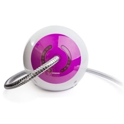 Dispositivo circular branco com frente roxa e cabo metálico flexível