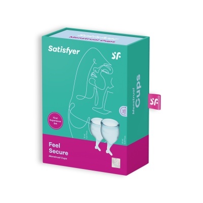 Caixa verde e rosa de copos menstruais Satisfyer com texto e ilustração dos copos
