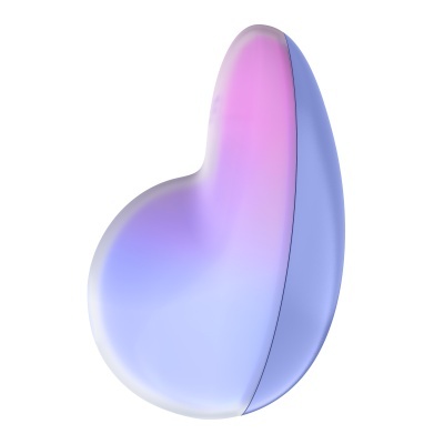 Produto de silicone em tons violeta, azul e rosa com formato ergonómico