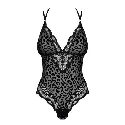 Body feminino animal print preto e cinza com renda preta