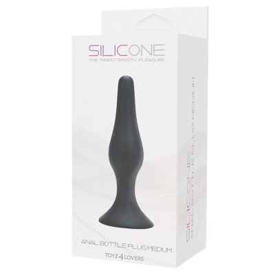 Plug anal de silicone preto médio em embalagem branca com texto