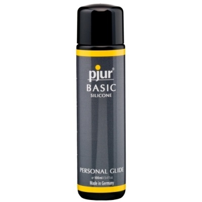 Frasco de lubrificante pjur BASIC SILICONE PERSONAL GLIDE preto e cinza com detalhes amarelos
