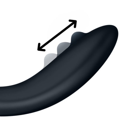 Dispositivo preto curvo com três botões e seta indicando comprimento