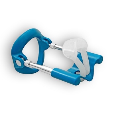 Aparelho ajustável azul e branco em fundo branco