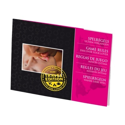 Jogo de cartas para casais com capa preta e rosa com imagem de casal e texto multilingue.