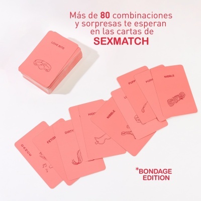 Jogo de cartas cor-de-rosa SEXMATCH BONDAGE EDITION com texto em espanhol e cartas exibidas sobre fundo branco.