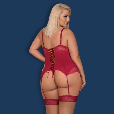 Corpete vermelho em renda e tecido com alças ajustáveis visto por trás