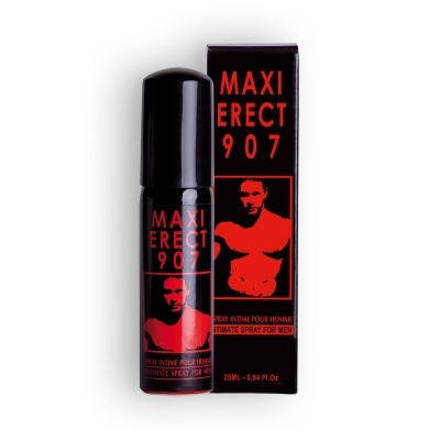 Spray íntimo masculino MAXI ERECT 907 preto com texto e imagem vermelhos