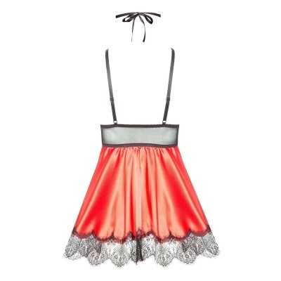 Vestido de cetim vermelho com renda preta e alças ajustáveis