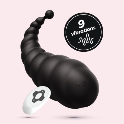 Vibrador preto com controlo remoto e indicação de 9 vibrações.