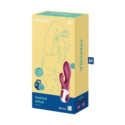 Embalagem de vibrador Satisfyer Heated Affair com cores bege, azul, roxo e branco