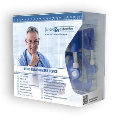 Embalagem de dispositivo 'andro extender' para alargamento de pénis com dispositivo azul dentro