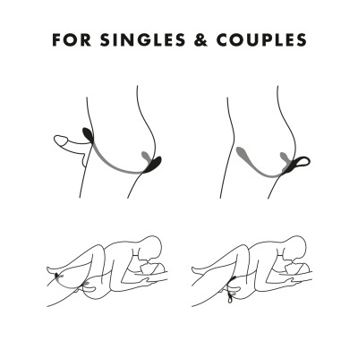 Ilustração de cintas penianas ajustáveis em corpos masculino e feminino com texto FOR SINGLES & COUPLES