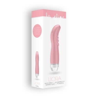 Embalagem de vibrador rosa com texto LIORA e características técnicas.