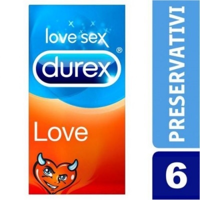 Embalagem de preservativos Durex Love azul e laranja com texto e figura de demónio vermelho