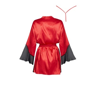 Robe vermelho de cetim com mangas pretas largas e tanga vermelha