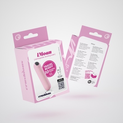 Caixa rosa de bullet vibratório iMoan com texto e QR code