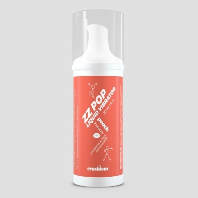 Frasco branco com tampa transparente e rótulo laranja de líquido vibratório sabor pêssego