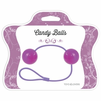 Brinquedo erótico Candy Balls roxo em embalagem com padrão floral