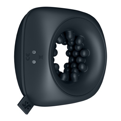 Dispositivo eletrônico preto com esferas internas em relevo e bordas arredondadas