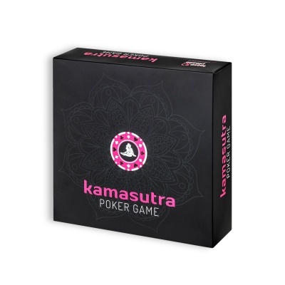 Caixa preta do jogo Kamasutra Poker Game com texto rosa e padrão decorativo