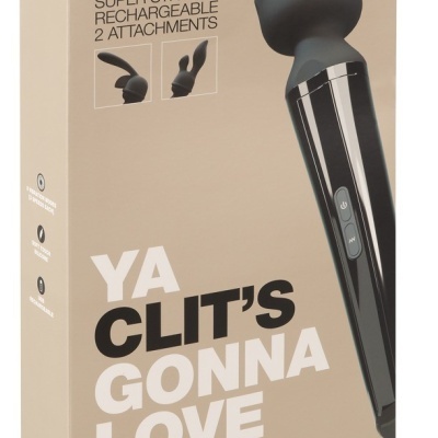 Caixa bege com vibrador preto, texto e imagens dos acessórios