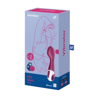 Caixa azul e rosa com vibrador cor vinho e texto do produto