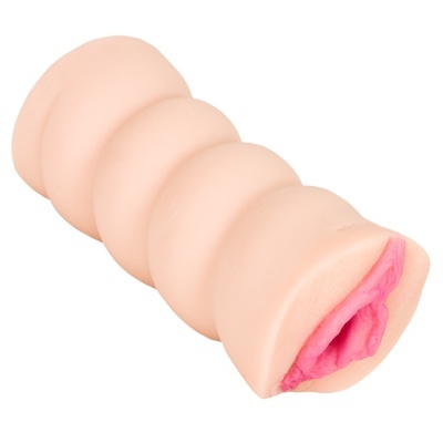Produto cilíndrico em silicone bege e rosa com abertura texturizada