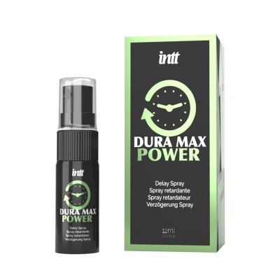 Spray delay DURA MAX POWER em frasco e caixa com texto e design preto e verde