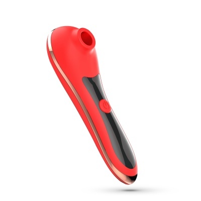 Dispositivo eletrónico vermelho e preto com abertura circular e botão