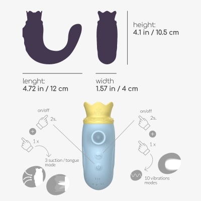 Dispositivo azul com coroa amarela e botões, com instruções de uso e medidas