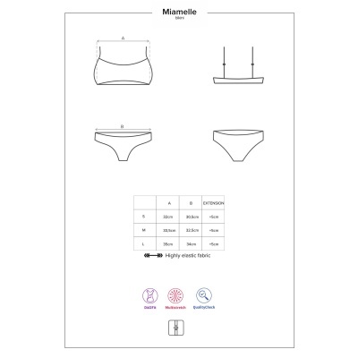 Desenho técnico de conjunto lingerie feminino com medidas e ícones de tecido elástico.