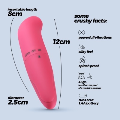 Vibrador cor-de-rosa com medições e características
