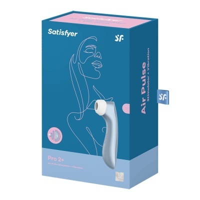 Caixa do produto Satisfyer Air Pulse Pro 2+ azul e rosa com dispositivo cinzento e ilustração