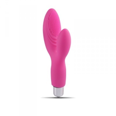 Vibrador rosa com duas pontas e base metálica