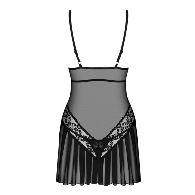 Vestido de lingerie preto com tecido transparente e detalhes em renda