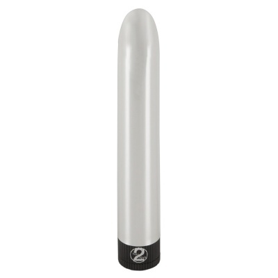 Vibrador prateado com base preta