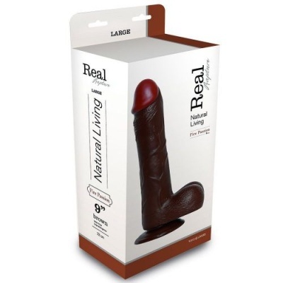 Embalagem do produto Real Euphoria Natural Living, dildo castanho com base de ventosa
