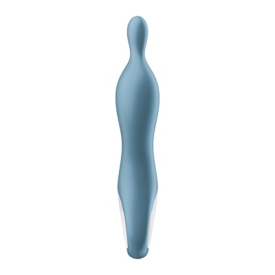 Vibrador azul claro com formato curvado e parte inferior branca