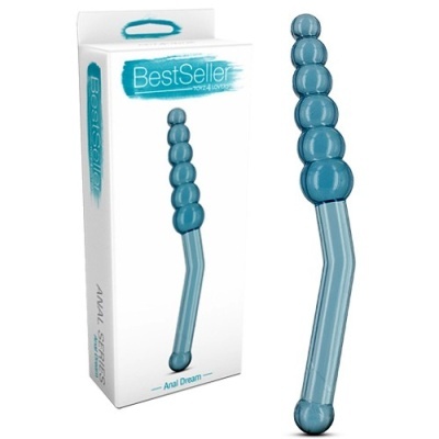 Produto azul translúcido em formato de bastão com esferas e embalagem branca com texto azul BestSeller
