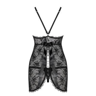 Vestido lingerie preto de renda com laço e tiras ajustáveis