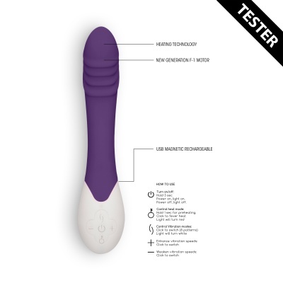 Vibrador roxo com base branca e texto descritivo ao lado